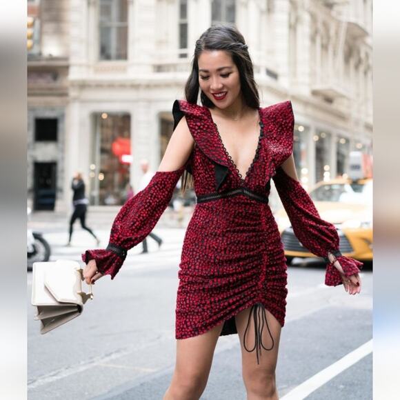 New Self-Portrait Devore Red V-neck Frill Mini Dress in Black Red Velvet Size 4 - Picture 1 of 16